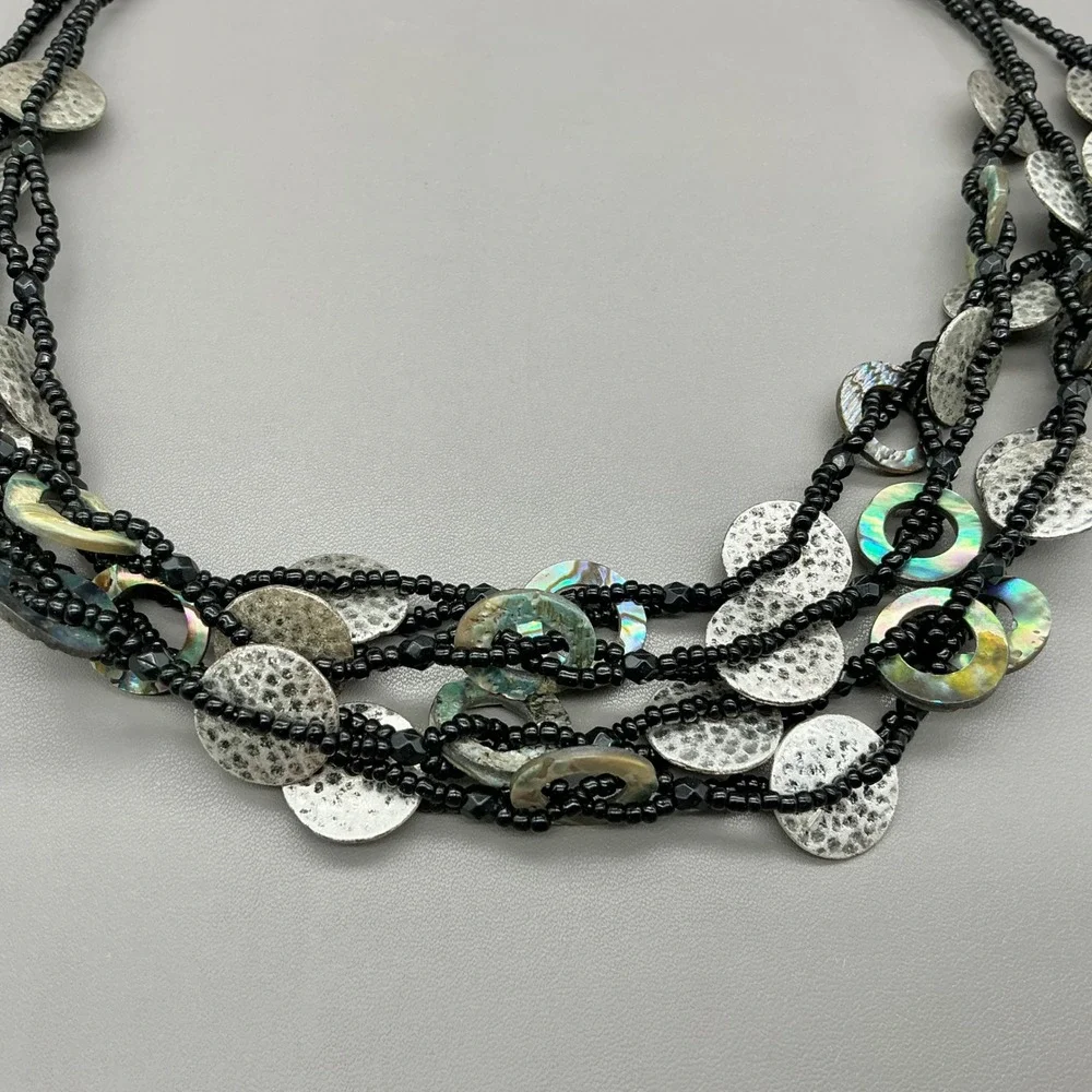 Coldwater Creek Necklace Black Multi Strand Abalone Shell Silver Tone Statement